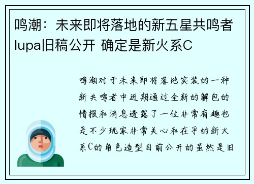 鸣潮：未来即将落地的新五星共鸣者lupa旧稿公开 确定是新火系C