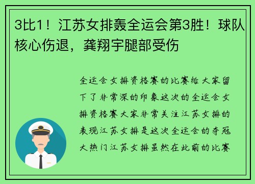 3比1！江苏女排轰全运会第3胜！球队核心伤退，龚翔宇腿部受伤