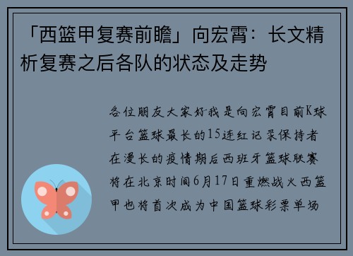 「西篮甲复赛前瞻」向宏霄：长文精析复赛之后各队的状态及走势