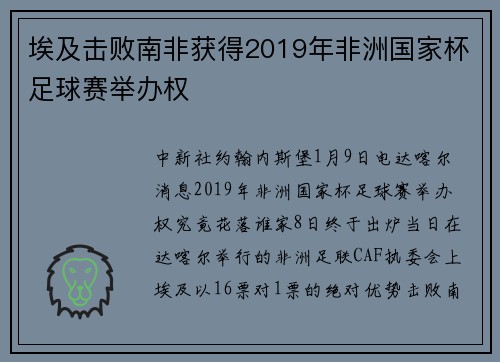 埃及击败南非获得2019年非洲国家杯足球赛举办权