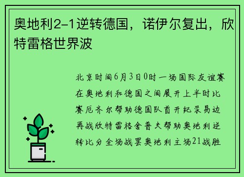 奥地利2-1逆转德国，诺伊尔复出，欣特雷格世界波