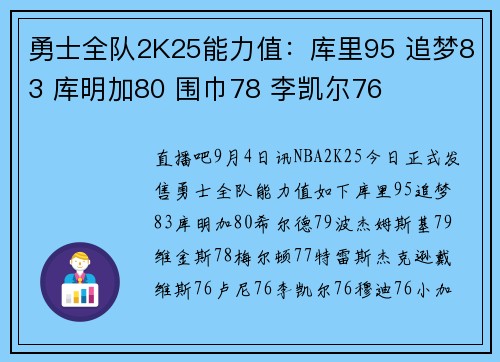 勇士全队2K25能力值：库里95 追梦83 库明加80 围巾78 李凯尔76