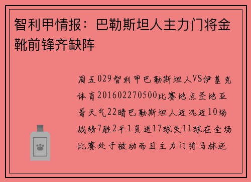 智利甲情报：巴勒斯坦人主力门将金靴前锋齐缺阵