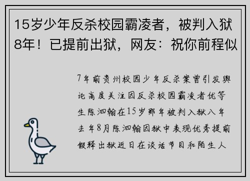 15岁少年反杀校园霸凌者，被判入狱8年！已提前出狱，网友：祝你前程似锦