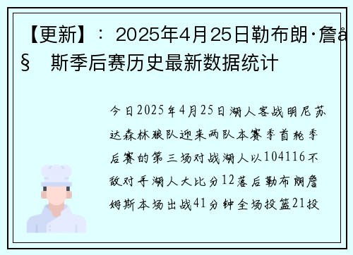 【更新】：2025年4月25日勒布朗·詹姆斯季后赛历史最新数据统计